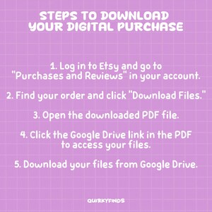 May include: A lilac-colored graphic with instructions on how to download a digital purchase from Etsy. The text includes steps to log in, find the order, download files, and access Google Drive. The background has a grid pattern.