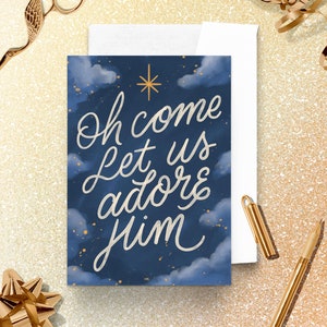 Tarjeta navideña religiosa dibujada a mano Tarjeta navideña Tarjeta "Adorémoslo" Tarjeta cristiana familiar para regalar Tarjeta de felicitación con versículo bíblico para las fiestas