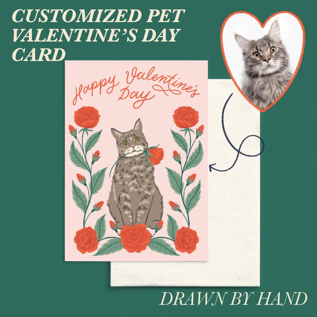 Custom Valentines Day Card Pet Portrait Hand Drawn Personalized ...