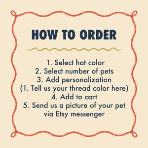 May include: A cream-colored graphic with the text "HOW TO ORDER" in navy blue. Instructions include selecting hat color, number of pets, and adding personalization. The image is framed with a red border and includes a decorative yellow line.