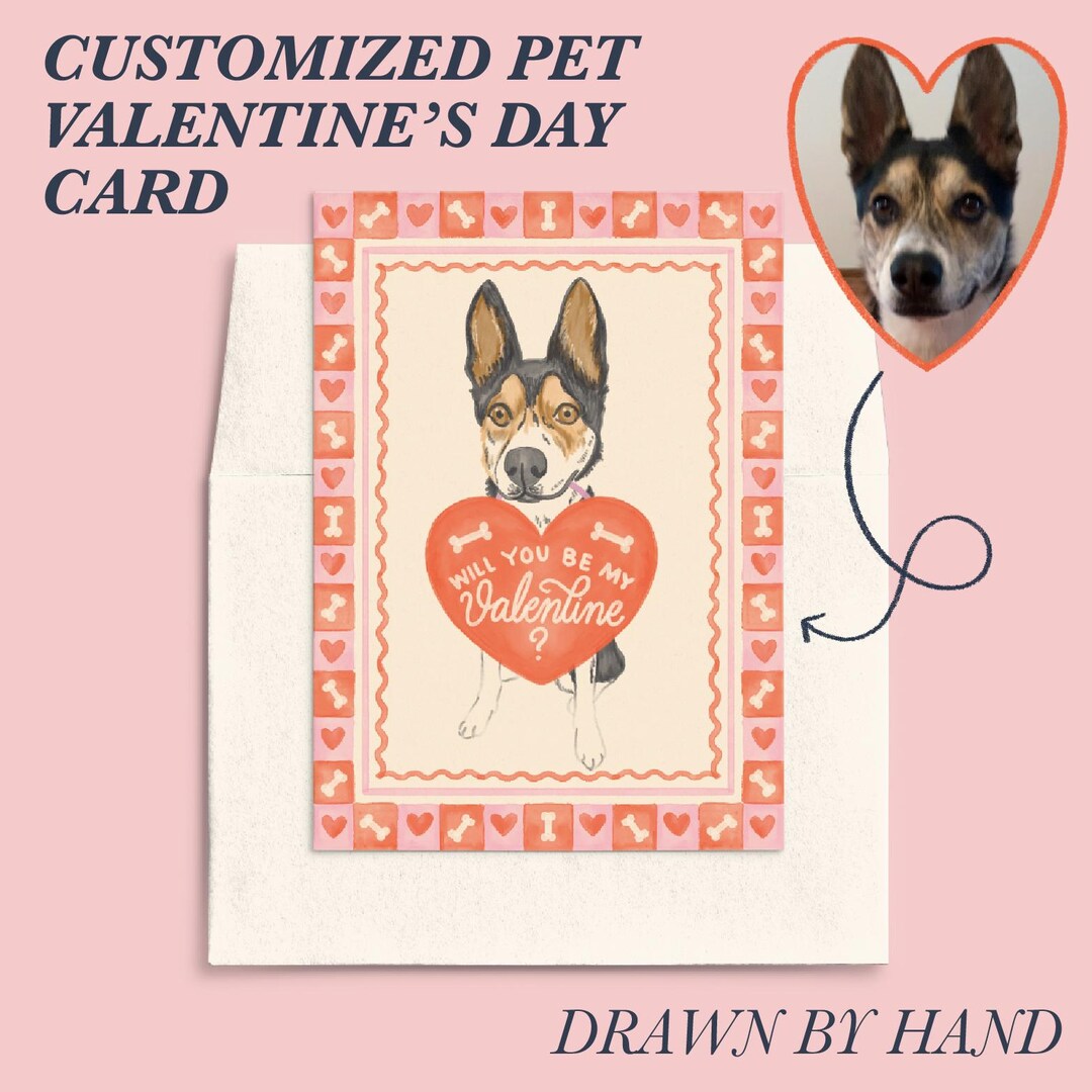Custom Valentines Day Card Pet Portrait Hand Drawn Personalized ...