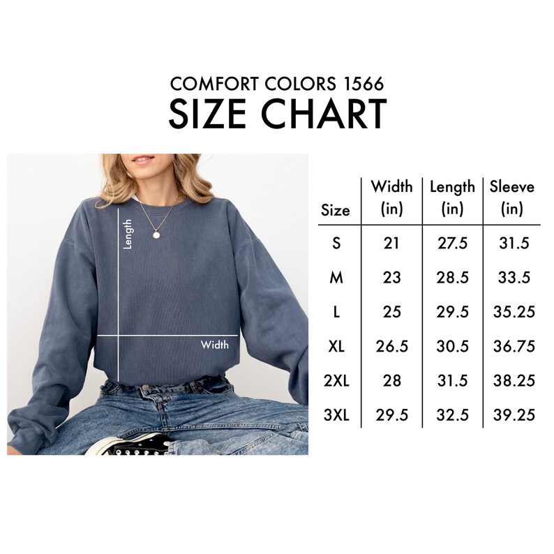 May include: Size chart for a blue cropped sweatshirt with measurements in inches for width, length, and sleeve length. Sizes range from S to 3XL.