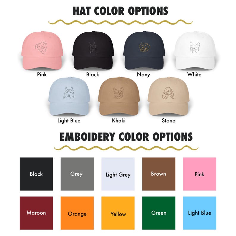 May include: A selection of baseball caps in various colors, including pink, black, and navy. Each cap features an embroidered dog design. The image also displays embroidery color options such as black, grey, and pink. Text at the top reads "HAT COLOR OPTIONS".