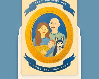 Biglietto d'auguri personalizzato per la festa del papà, ritratto di famiglia disegnato a mano, biglietto personalizzato per papà con cane, disegno unico per la festa del papà, biglietto d'auguri illustrato per papà con gatto.