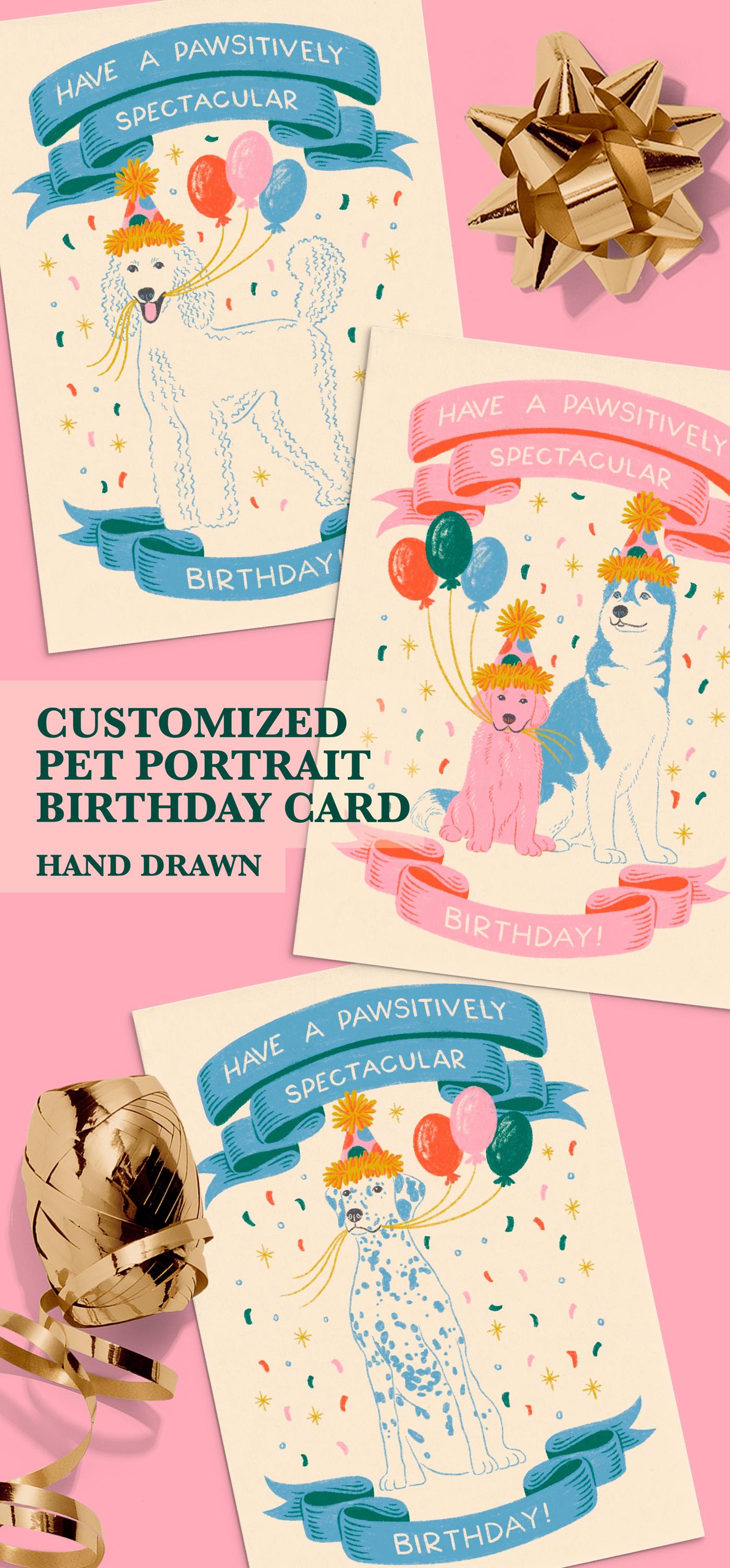 Custom Birthday Card Pet Portrait Hand Drawn Personalized Dog Mom ...