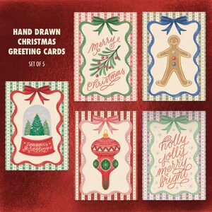 Conjunto de 5 cartões de felicitações de Natal em aquarela Conjunto de cartões de Natal coloridos Cartão de Natal para a família Cartão de Natal ilustrado Ideia para presentear com fita