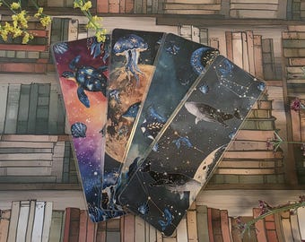 Marcapáginas de animales marinos cósmicos: temática oceánica espacial laminada, juego de 4