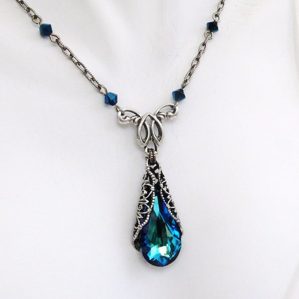 Tara Swarovski Crystal Bermuda Blue Teardrop Necklace Antiqued Silver