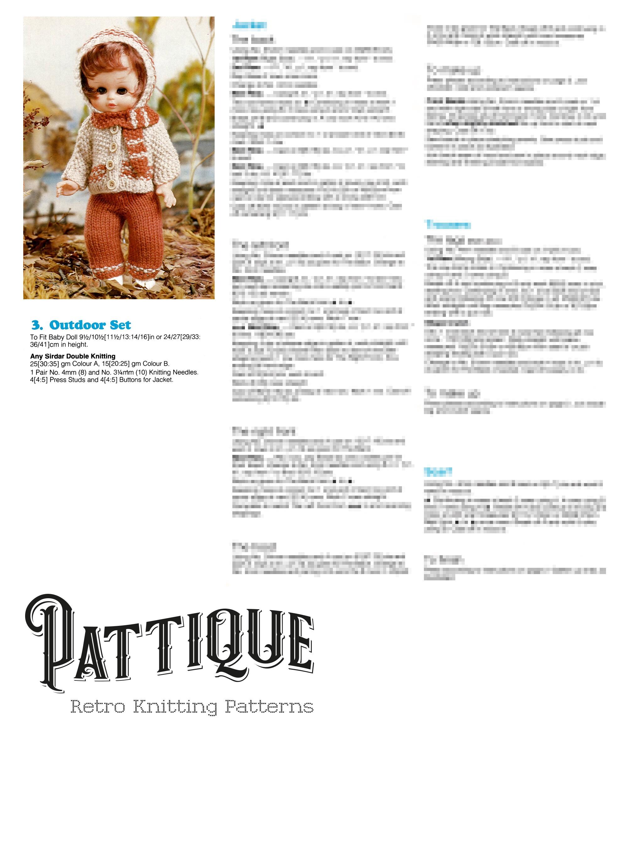 3 Pieces Doll Clothes Vintage Knitting Pattern - Dolls Outdoor Set ...