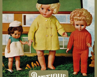 A wonderful vintage knitting pattern to make a charming doll set.  doll height 12" - 20" Instant Download