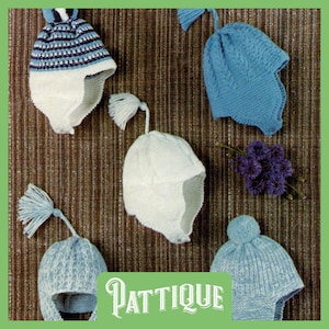 May include: Five knitted baby hats in different colors and styles. The hats are on a brown striped background. The hats have ear flaps and some have tassels.