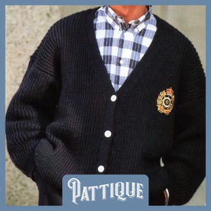 Cárdigan clásico de punto de pescador para hombre - PATRÓN DE TEJIDO - Jersey de cuello en V con botones en la parte delantera para caballero, tallas 38"- 48" Descarga instantánea en PDF