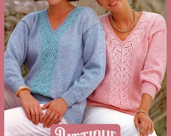 Beautiful Easy Knit Women's V Neck Sweater With Lace Panels Knitting Pattern DK 30"- 40" Instant Download
