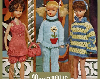 Patrón de tejido vintage de conjuntos clásicos para muñecas adolescentes de los años 60: conjunto de cóctel, miniconjunto y traje de pantalón - Altura 12" Descarga en PDF de alta calidad