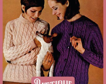 Easy Knit Damen Pullover / Strickjacke mit Zopfmuster, Vintage-Strickmuster, Rundhalsausschnitt, Raglan-Ärmel mit Zopfmuster, 58 cm - 102 cm PDF Download