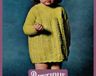 Beautiful Girls Patterned Dress With Raglan Sleeves - Vintage Childs Knitting Pattern  1 - 7/8 years, 20 - 24 inches Instant Download