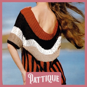 May include: A striped knit sweater with a wide, open neckline. The sweater is made in a variety of colors, including black, white, brown, and red.