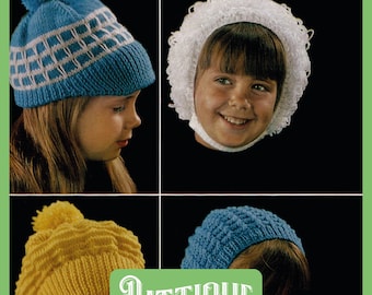 Classic Children's Hats & Caps Knitting Pattern - 3 Sizes, 4 Designs!  3-8 yrs, 3-4 yrs, 5-6yrs, 7-8 yrs Instant Download