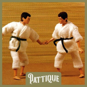 May include: Two figures wearing white karate uniforms with black and green belts, standing in a fighting stance with their hands clasped together.