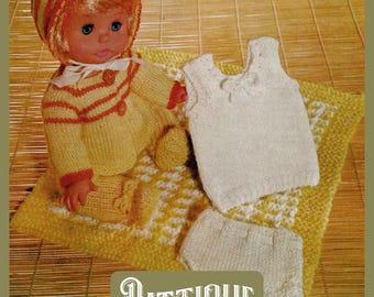 6 Pieces Doll Clothes Vintage Knitting Pattern - Dolls Vest Pants Leggings Coat Bonnet Pram Cover Height 12&#39;&#39;- 14&quot; DK 4 Instant Download PDF
