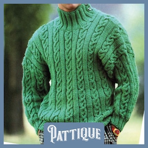 Herren Klassischer Rollkragenpullover mit Zopfmuster STRICKMUSTER - glatt rechts gestrickter grobstrick Jersey Pullover Pullover Oberteil 92 cm - 42 cm PDF Instant Download