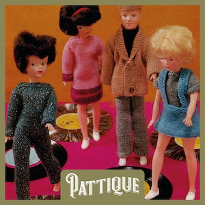8 Pieces Doll Clothes Vintage Knitting Pattern - 1960's Teenage Dolls Dress Sweater Mini Skirt Jacket Cap Trousers Height 12'' Download PDF