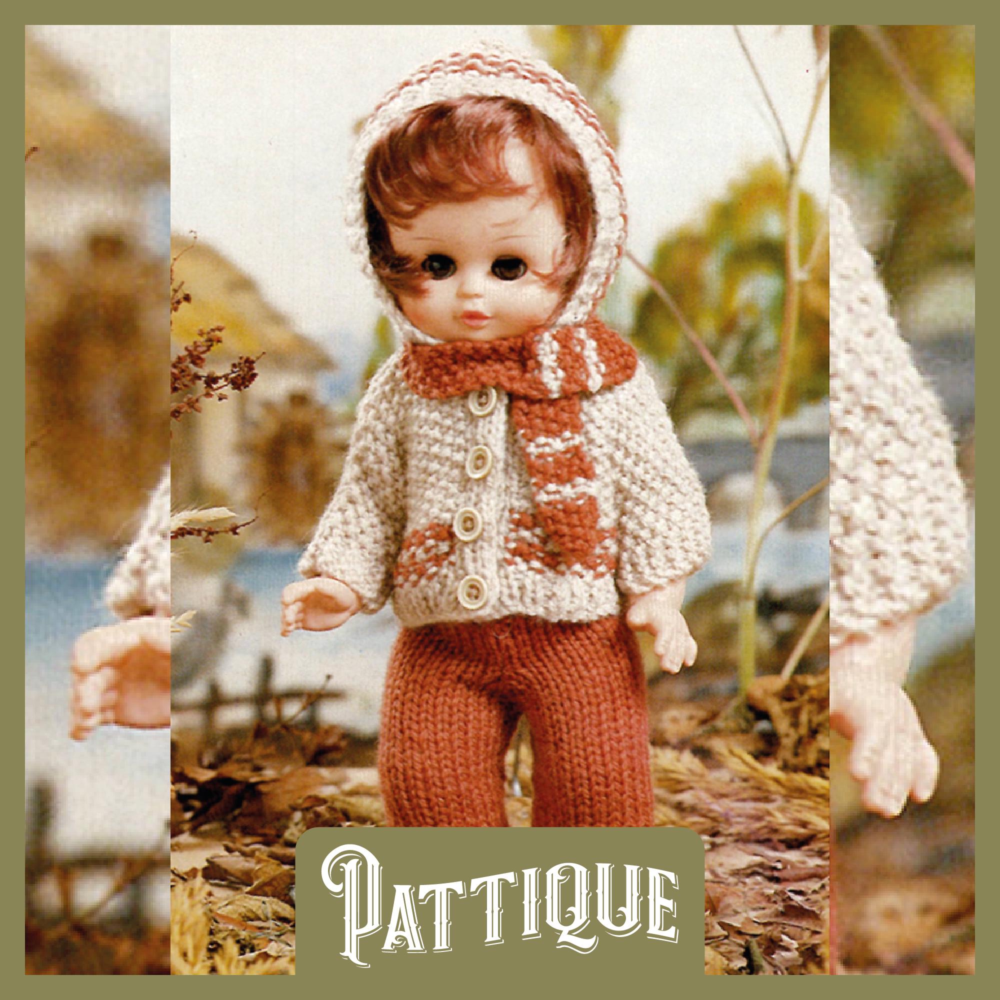 3 Pieces Doll Clothes Vintage Knitting Pattern - Dolls Outdoor Set - Hooded Jacket Trousers Scarf Height 9.5"- 16'' DK Instant Download PDF