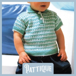 May include: A green and white striped knitted shirt with a collar and button closure. The shirt has short sleeves and is made for a child.