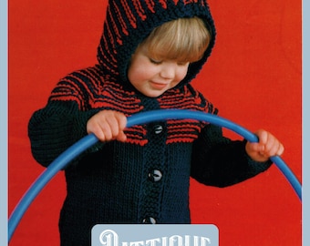May include: A child wearing a blue and red striped knitted hooded cardigan with buttons. The cardigan has a striped pattern and is being worn over a white shirt. The child is holding a blue plastic hoop.