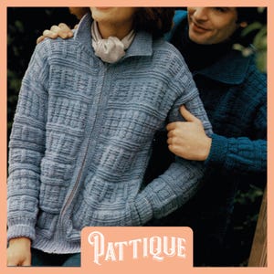 May include: A blue knitted zip-up jacket with a textured pattern. The jacket has a zipper closure and two pockets. The jacket is being worn by a person.