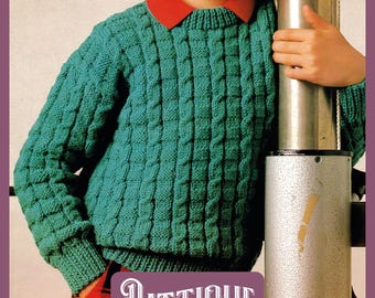 Easy Knit Child's Classic Textured Crew Neck Sweater DK Knitting Pattern DK 26" - 32" Instant Download