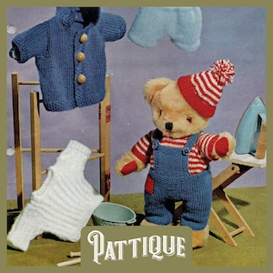 6 Pieces Teddy Bear Clothes Vintage Knitting Pattern - Dungarees Duffle Coat Jersey Hat Cap Shorts Sweater Height 12'' DK 4 Ply Download PDF