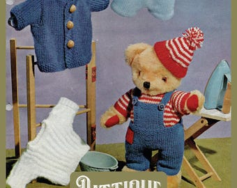 6 Pieces Teddy Bear Clothes Vintage Knitting Pattern - Dungarees Duffle Coat Jersey Hat Cap Shorts Sweater Height 12&#39;&#39; DK 4 Ply Download PDF