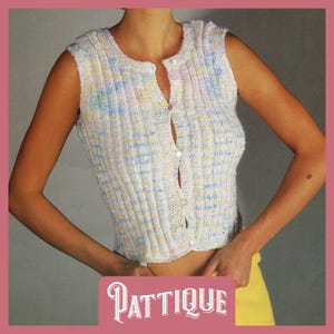 May include: A white sleeveless cardigan with blue and yellow stripes. The cardigan has a button-up front.