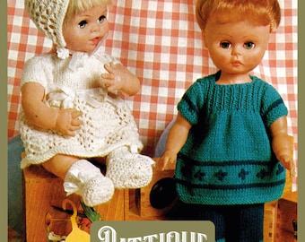 7 Pieces Doll Clothes Vintage Knitting Pattern - Dolls Smock Trousers Dress Coat Pants Bonnet Bootees Height 14&#39;&#39; 4 Ply Instant Download PDF