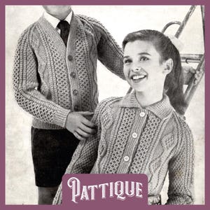 May include: Vintage knitting pattern for a cable knit cardigan with a button closure. The pattern features a close-up of a girl and a boy wearing the cardigan.