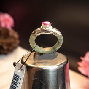 Natural Burmese Jade Ring Size 8 3/8–7 US | Grade A Green Jade in 925 Sterling Silver with Real Ruby Lucky Charm for Prosperity Protectio