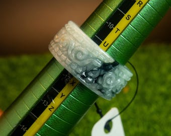 US Size 10 3/8 Natural Burmese Jade Ring – Grade A, Hand-Carved Floral Design, Dark & Light Green, Translucent Authentic Gemstone Jewelry
