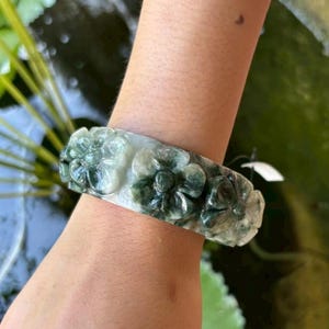 Natural Grade A Burmese Jadeite Bangle – Hand-Carved Floral Green Jade Bracelet, Real Jade Jewelry, Lucky Gift.