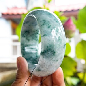 63mm Thick Burmese Jadeite Bangle (30 mm) Grade A “Moss-in-Snow” Jade Bracelet Icy White Base with Green Inclusions Hand-Carved Lucky Amulet
