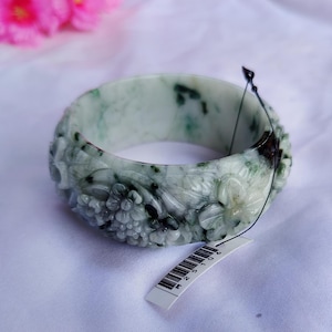 Hand-Carved Floral Jadeite Bangle Bracelet – Natural Type A Burmese Green Jade, Lucky Protection Jewelry, Gift for Her