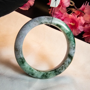 61mm Natural Burmese Jade Bracelet– Grade A Jadeite Bangle with White & Green &#39;Moss in Snow&#39; Pattern | Lucky Amulet Jewelry &quot;Heavenly Stone&quot;