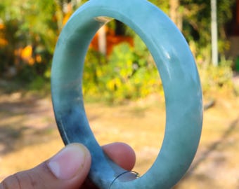 61mm Natural Grade A Burmese Jadeite Jade Bangle – Soft Blue Green Tone, Smooth Round, Untreated Genuine Jade Bracelet