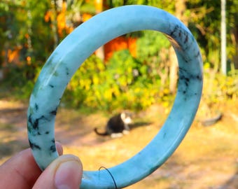 Rare 77mm Natural Green Jade Bracelet – Translucent "Moss in Snow" Pattern on Genuine Grade A Burmese Jadeite, Handcrafted Spiritual Harmony