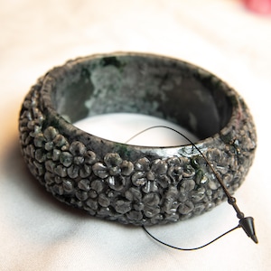 61.3 mm Burma color gray to dark green blossom flower carved semi-translucent Jadeite bangle jade, flower carved bracelet.