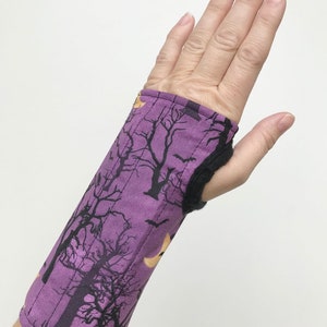 Size S M L wrist brace, soft cotton with fleece lining, fun colorful pattern, for carpal tunnel, tendonitis, right/left hand spooky trees image 3