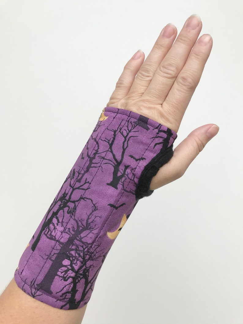 Size S M L wrist brace, soft cotton with fleece lining, fun colorful pattern, for carpal tunnel, tendonitis, right/left hand spooky trees image 3