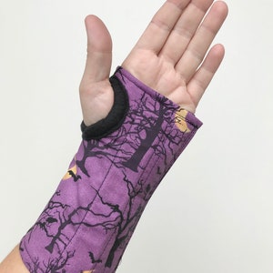 Size S M L wrist brace, soft cotton with fleece lining, fun colorful pattern, for carpal tunnel, tendonitis, right/left hand spooky trees image 4