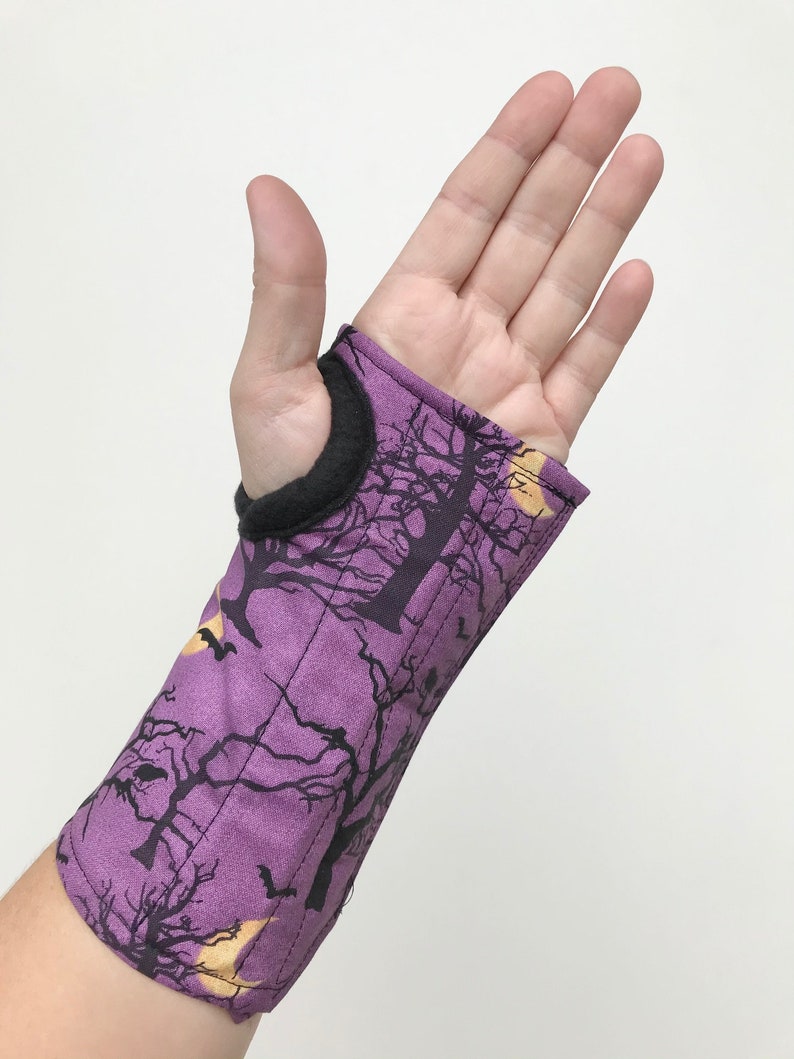 Size S M L wrist brace, soft cotton with fleece lining, fun colorful pattern, for carpal tunnel, tendonitis, right/left hand spooky trees image 4