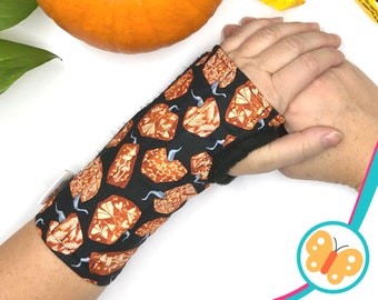 Size S M L wrist brace, soft cotton with fleece lining, fun colorful pattern, for carpal tunnel, tendonitis, right/left hand - pumpkins